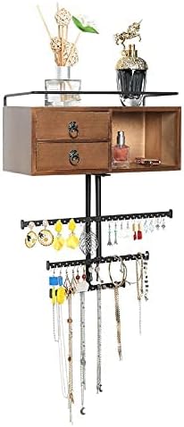 X-cosrack Hanging Jewellery Organiser, 3 Tier Earring Holder with Wooden Storage Box, Large Jewelry Display Stand for Necklaces, Earrings, Bracelets and Rings