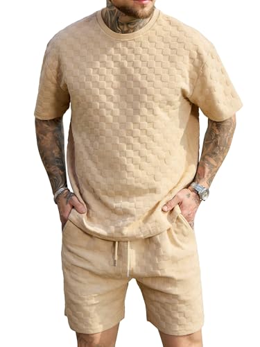 TAFLE Men's 2 Piece Set Summer Outfits Casual Geometric Texture Short Sleeve Shirt and Shorts Track Suits for Men Set, Khaki, Medium