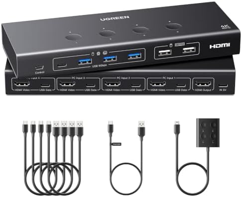 UGREEN HDMI KVM Switch 4 In 1 Out 4K60Hz Kompatibel mit Windows/Linux | HDMI KVM Switch 4PC und 1 Monitor bis zu 4K30Hz/1080P240Hz, USB 3.0 Switch 4 Ports für Tastatur, Maus, Druck