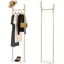 Gold Freestanding Coat Rack with Marble Base, Modern Metal Clothes Stand with Side Hooks, Slim Garment Organizer for Entryway, Bedroom, Hallway Corner Storage