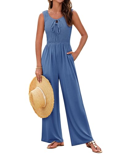 GRACE KARIN Jumpsuits for Women Bow Tie Front Overalls Smocked Tops Wide Legs Casual Knitted Outfits with Pockets