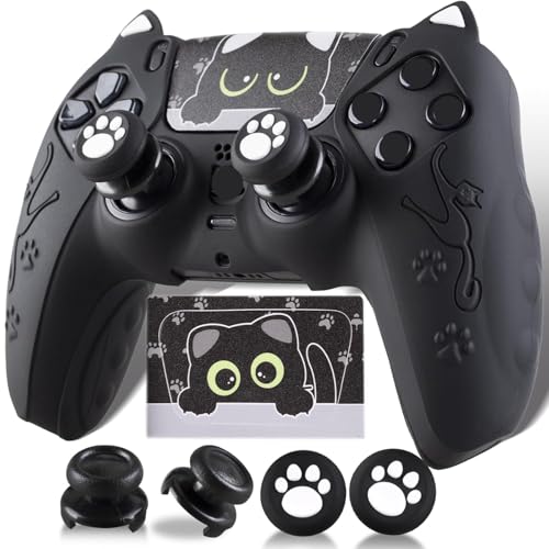 PlayRealm 1 x Silikon-Aufkleber und Verlängerungsgriffe für PS5-Controller, Katzen, Schwarz