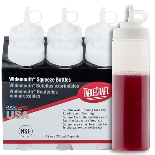 Tablecraft Plastic Condiment Squeeze Bottles, Foodservice Restaurant Commercial Use Widemouth 53mm, Cone-Tip Top w/Tethered Cap for Olive Oil, BBQ Sauce, Dressing, Food Prep, 12 oz, 354 mL, Clear, 6 by Tablecraft - Used condition - US$12.38