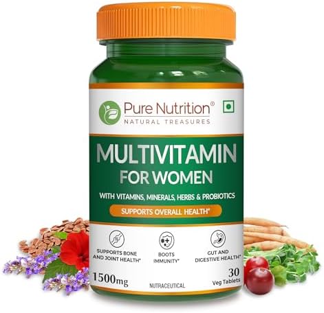 Pure Nutrition Multivitamin for Women 1500mg | Multi vitamin with Biotin, Iron, Alfa Alfa, Moringa, Ginseng, Fenugreek & Green Tea | Supports Immunity, Energy, Stamina, Bone & Overall Health - 30 Veg Tablets