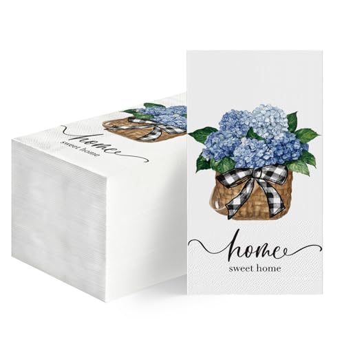 Horaldaily 50 Disposable Paper Decorative Guest Napkins, Blue Hydrangea Bouquet Sweet Home Hand Towel for Party Lunch Dinner Kitchen Bathroom