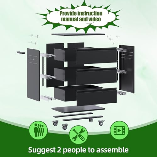 Image of Aobabo Garage Storage Cabinet with 3 Drawers and 4 Hooks,Metal Storage Cabinet with Wheels for Garage Home,Required Assembly,Black,18.11 inch D x 30.3 inch W x 35.4 inch H