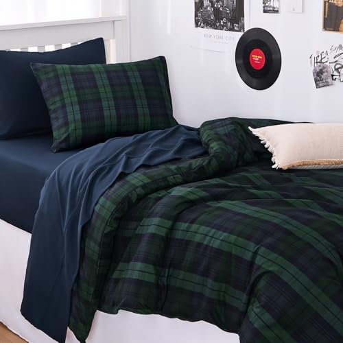 Wake In Cloud - Plaid Comforter Set, Scottish Tartan Check Geometric Modern Pattern Printed, Soft Lightweight Bedding, 3 Pieces, Dark Green, Twin/Twin XL Size by Wake In Cloud - Image 5