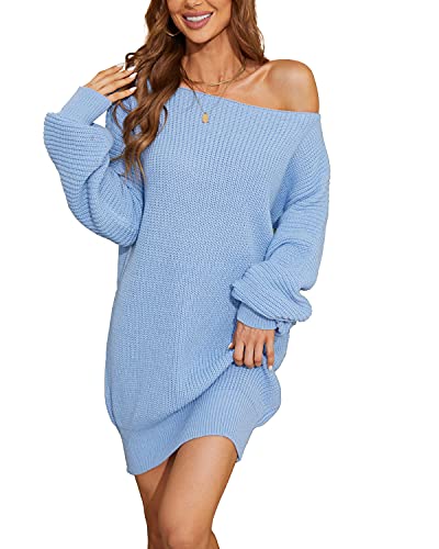 Schkleier Women s Pullover Sweater Dress Loose Knitted Puff Sleeve and Off-Shoulder, Warm and Chic Light Blue