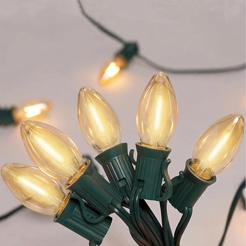 Image of 25FT C7 LED Christmas Lights Outdoor, C7 Warm White Christmas String Light with 27 LED Bulb, Hanging Vintage Christmas Lights UL Listed for Patio Backyard Party Tree Roofline House Xmas Decorations