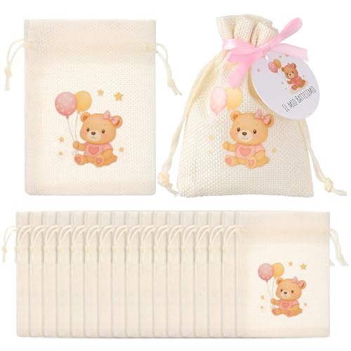 Otuuz 20 Pz Bomboniera Battesimo Set Sacchetti Confetti Battesimo Orsetto Bigliettini Bomboniere Nascita Nastro per Decorazione Nascita Festa Compleanno(Orsetto Rosa）