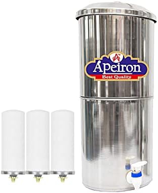 Apeiron Stainless Steel Non-Electric Water filter With 3 Ceramic Candle With Brass Knob 24 Liter Capacity