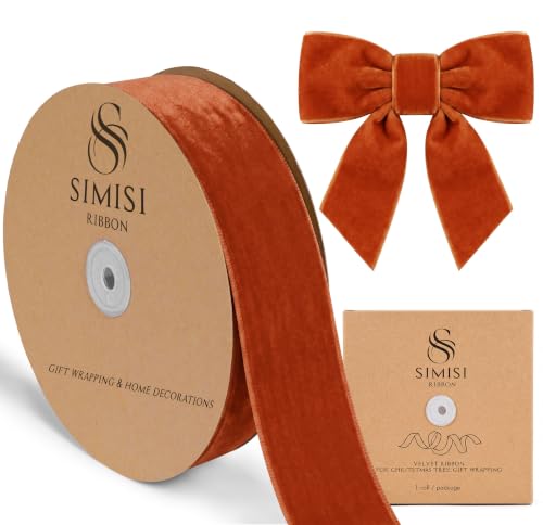SIMISI RIBBON Velvet Ribbon for Gift Wrapping, Christmas Tree Decorations | Burnt Orange Velvet Ribbon, 2'' 25 Yards, for Flower Bouquet, Wreath, Bow