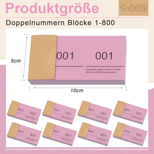 Nezyo Doppelnummern Blöcke 1-800 Lose Nummernblöcke Garderobenmarken Essensmarken Pfandmarken Großpackung Zahlenblöcke für Ausstellung Events Quittungsblöcke Raffle Ticket für Party Verlosungen(Rosa)