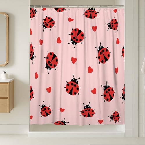 Marienkäfer-Duschvorhang, verspieltes fantasievolles Herz, schwarz, keinrot, waschbar, mit Haken, Designdruck, Badvorhänge, Dekoration für Toilette, Badezimmer, Wohnheim, 137 x 198 cm