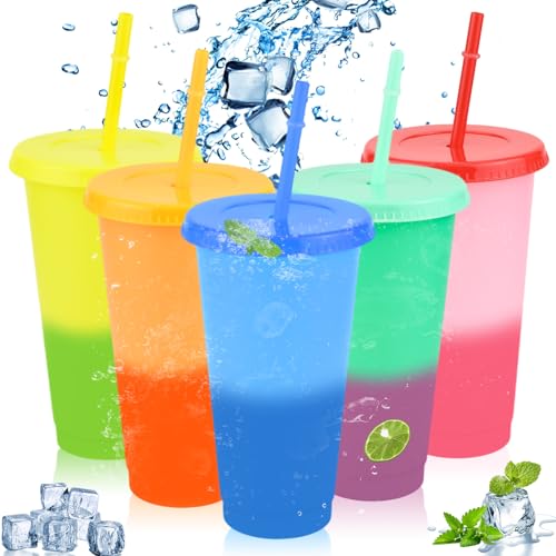 5 Pcs 24oz Iced Water Colour Changing Cups with Lids & Straws, Cold Drinking Tumblers Set, Reusable & BPA Free Plastic Cup, Coffee Smoothie Slushy Travel Mug, Drinkware Party Cups for Kid Adults