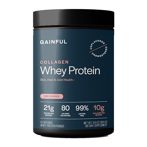 Gainful Collagen Whey Protein Powder, 21g Protein per Serving, Unflavored, Supports Muscle Recovery, Joint Health, and Skin Hydration with Grass-Fed Collagen Peptides, Vitamin C, 14 Servings