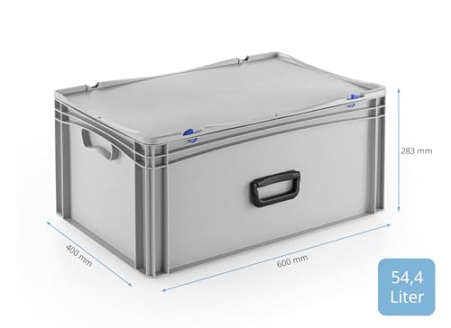 DIE BOX FABRIK Robuster Eurobehälter mit Tragegriff & Scharnierdeckel | Stapelbarer Kunststoffkoffer für Lager & Transport | Aufbewahrungsbox für Werkzeuge, Logistik & Industrie (600x400x283 mm)