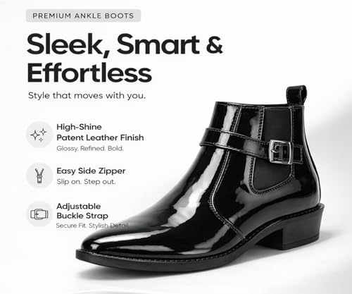 Image of Kraasa Men's Synthetic Leather Ankle Boots with Side Buckle Strap, Elastic Panel & Durable TPR Sole Casual & Formal Wear Boot