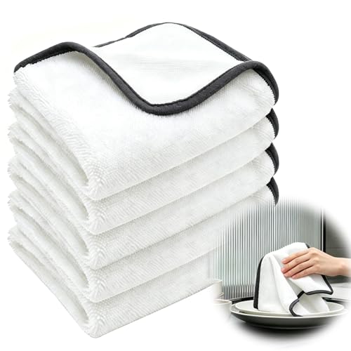 Shiny Cleaning Cloths White Dual-Sided, Drying Dish Towels, 5pcs 12"x10" Ultra Absorbent Quick Drying Dish Towels, Streak Free Reusable Wash Cloths, Microfiber Lint-Free Wipes for Dishes, Sink & Glass