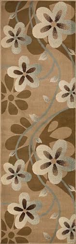 Superior Indoor Runner Rug, Jute Backing, Modern Bohemian Oversized Floral Scroll, Ideal for Entryway, Living Room, Kitchen, Bedroom, Hallway, Floor Cover, Rosette Collection, 2' 7" x 8', Taupe