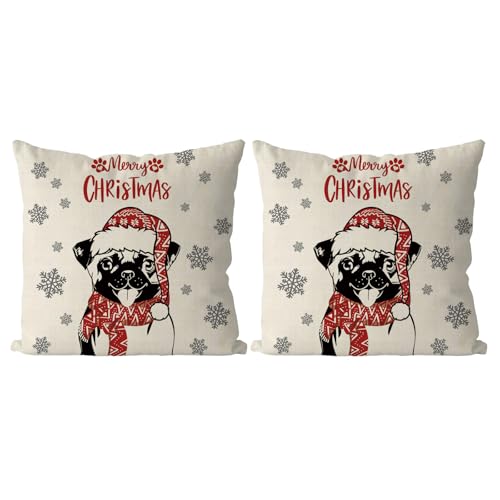 QIONG MENG Christmas Pillow Covers 18x18 Inch Set of 2 Pug Christmas Decorations Pillowcase Xmas Dog Throw Pillow Covers Home Sofa Living Room Decorative Cushion Case