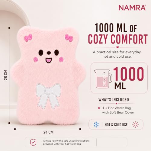 Image of Cute Hot Water Bag 1000 ML with Soft Cover | Pink | Reusable Heating Bottle for Period, Back, Neck & Shoulder Comfort | Hot & Cold Compress | Hand & Foot Warmer