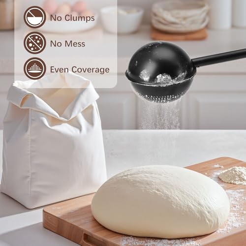 HULISEN Flour Duster for Baking, One-Handed Operation, 304 Stainless Steel Powdered Sugar Shaker Duster, Pick Up and Dust Flour Sifter, Gift Package, Black