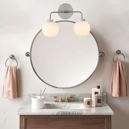 Image of 17 Inch Modern Glass Globe Double Sconce, Polished Chrome Metal Finish Wall Light for Bedroom, Hand-Polished Milky Glass Vanity Light Over Mirror, Elegant Light Fixtures for Indoor