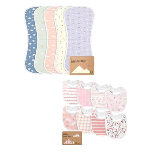 KeaBabies 5-Pack Burp Cloths for Baby Boys and Girls and 8-Pack Baby Bibs for Infants - Ultra Absorbent Burping Clothes, Burp Rag - Soft & Cute Teething Bibs for Boys, Girls