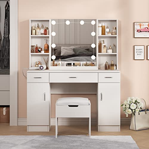 Makeup Vanity Desk With Lights, 3 Lighting Colors, White Vanity Set Makeup Table With 3 Drawers, 2 Cabinets And Multiple Shelves, Large Vanity 45.2In(L) #TOP1