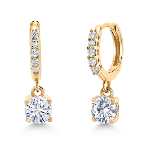 Gem Stone King 10K Yellow Gold White Moissanite and White Lab Grown Diamond Dangle Drop Huggie Hoop Earrings For Women | 0.56 Cttw | Round 4MM | Fine Jewelry Gifts for Women Mom Wife Her