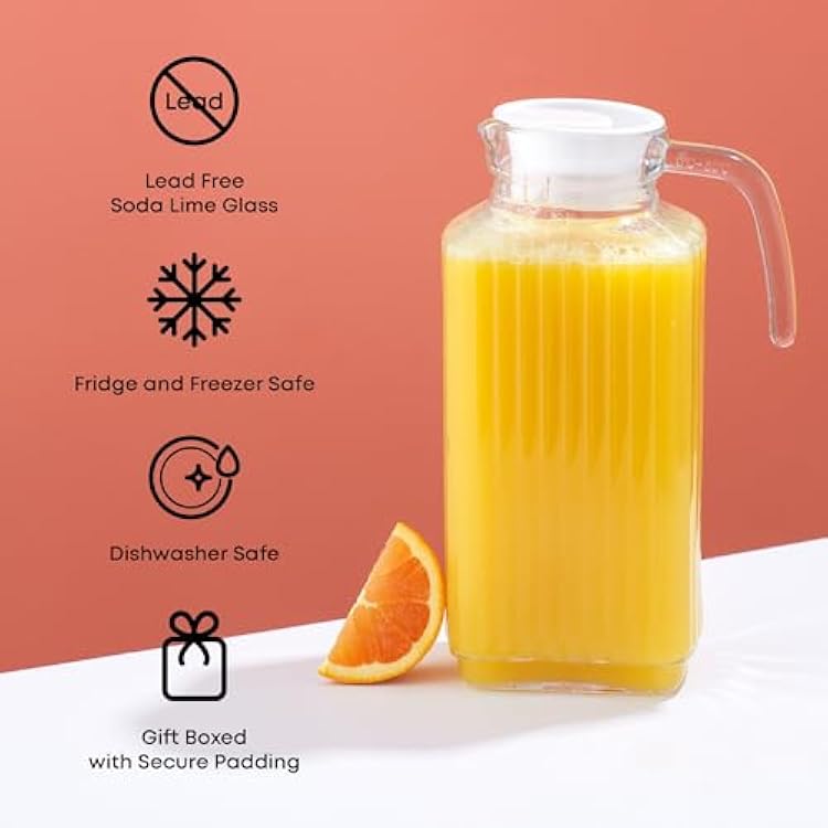 JoyJolt 60oz Glass Pitcher with Lid (2 Lids) - Beverage Serveware and Storage Container for Cold Drinks and Liquids. Juice Container, Water Jug, Fridge Pitcher for Iced Tea or Milk