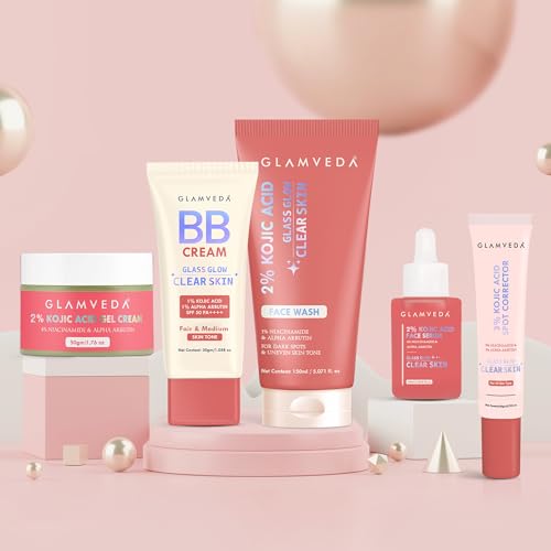 Image of Glamveda 5 Step Skincare + Coverage Set - Includes 2% Kojic Acid Facewash, Spot Corrector, Serum, Cream & BB Cream (Fair Tone) for Dark Spot Correction | Oil Control | Hydration and Flawless Finish.