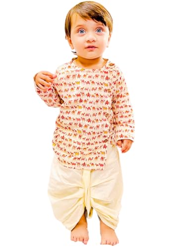 Image of POLKA TOTS Premium Cotton Dhoti Kurta Set for Kids Boys | Traditional Angrakha Style Ethnic Wear for Boys | Kurta Dhoti Set for Kids | Festive & Wedding Clothing Set for Baby
