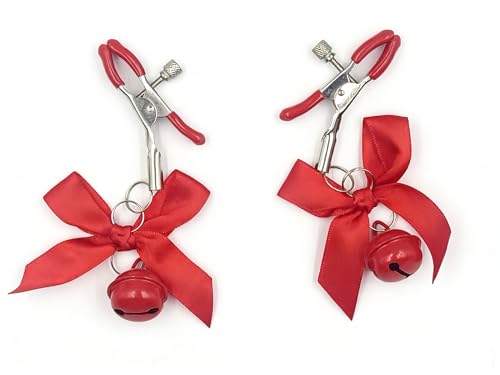 2Pcs Nipple Clamps, Adjustable Non-Piercing Body Jewelry with Bowknot Bells, Stainless Steel Decorative Clips for Women and Men (red)