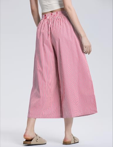 Image of LOMON Womens Wide Leg Capri Pants Gingham Plaid Culottes Summer Elastic Waist Palazzo Trousers Bottoms with Pockets