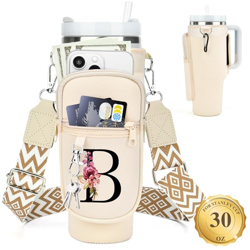 LOKASS Personalized for Stanley Cup Accessories 30oz, Initial Stanley Cup Holder with Strap, Cup Carrier Bag Water Bottle Holder with Phone Pocket Gifts for Women,Girls,Travel,Walking,Work
