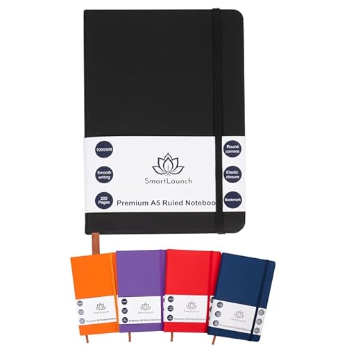 A5 Notebook Writing Note Book, Journal Hardback Notepad, 200 Thick Lined Pages for taking Notes, 100GSM Elastic Closure Bookmark, A5 Notebook Diaries for Projects School Colleges Offices (Black)