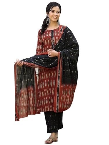 Vaamsi Women’s Cotton Blend Ethnic Motifs Printed Straight Kurta Pant with Dupatta (VKSKD1304_Brown_M)