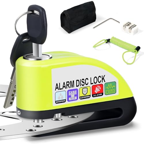Candado de Disco con Alarma para Moto, Bloqueo de Freno 110 dB Antirrobo con Cable Recordatorio de 1,5 m y Bolsa, Cerradura de Disco para Bicicleta y Motocicleta con Discos de 7 mm