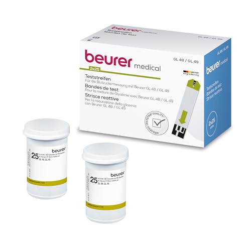 Beurer Blutzucker-Teststreifen zur Verwendung mit GL 48 und GL 49, 50 Stück (2 x 25er Dose), zur Eigenanwendung geeignet, geprüfte Teststreifen-Qualität