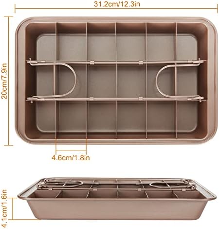 LOLYSIC Brownie Tin, Non Stick Brownie Tray Brownie Tin with Dividers, Carbon Steel Brownie Tins for Baking, Rectangular 18 Cavity Brownie Pan, Gold, 31 x 20 x 4.1 cm