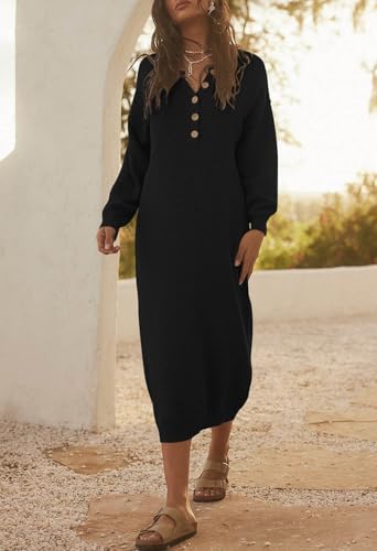 Image of Cutiefox Women's Fall Winter Sweater Long Dress Button V Neck Batwing Long Sleeve Oversized Waffle Knit Dresses