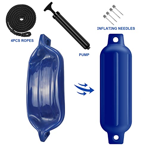 Turmaster Boat Fenders 4 Pack 4.5'' x16'', Ribbed Twin Eyes Boat Fenders Bumpers for Docking, Inflatable Marine Boat Bumper with 4 Ropes, 4 Needles and 1 Pump,Blue