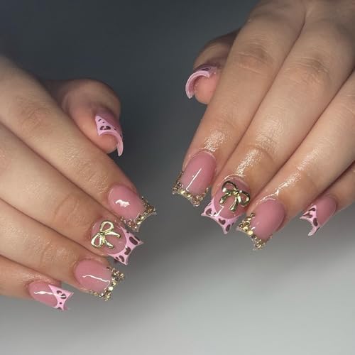 Image of 24Pcs Pink Square Press on Nails Short Fake Nails with Glue Cute Leopard French Tip False Nails with Glitter Rhinestone Bow Design Handmade Acrylic Nails Press ons Reusable Stick on Nails for Women