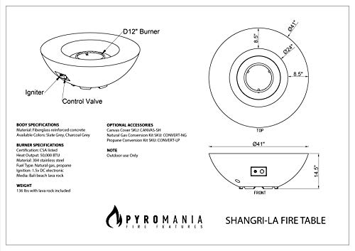 Pyromania Shangri-La Outdoor Concrete Fire Bowl, 41 Inches Round - Natural Gas Model In Charcoal Gray Color #TOP7