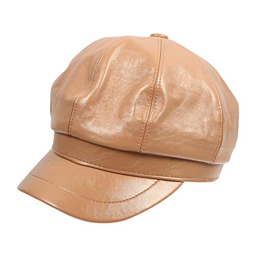 Boné feminino Aboofan com viseira, boina, jornaleiro, de couro PU, preto, Caqui, 25×20cm