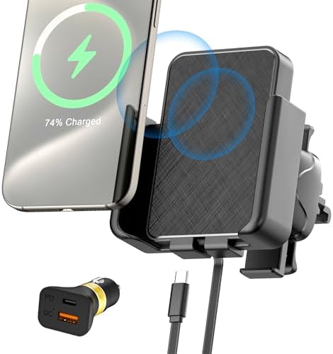 Support Téléphone Voiture Avec Charge Sans Fil 15W - Clip Ventilation, Lumière RVB, Rotation 360° - Universel