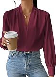 EVALESS Womens Tops Trendy 2025 Long Sleeve Shirts Blouses for Women Dressy Casual Spring Summer Business Outfits Ladies Elegant V Office Neck Work Dress Clothing D Red X-Large