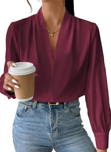 EVALESS Womens Tops Trendy 2025 Long Sleeve Shirts Blouses for Women Dressy Casual Spring Summer Business Outfits Ladies Elegant V Office Neck Work Dress Clothing D Red XX-Large